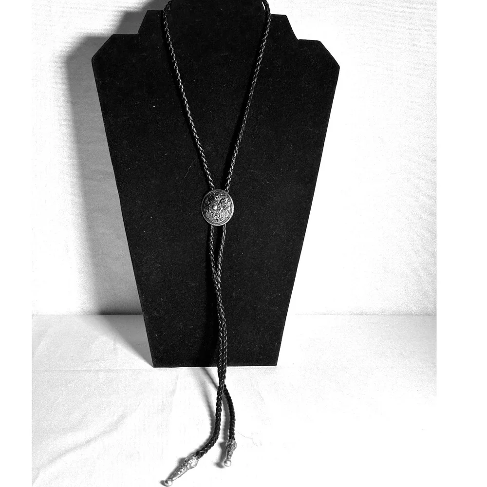 Country Western Black Bolo Tie Silver tone slide Cowboy Festival Vtg Style Rodeo
